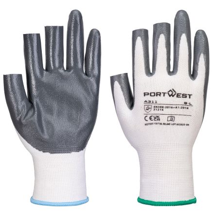 Grip 13 Nitrile 3 Fingerless Glove, Pack of 12, White/Grey - Size Medium
